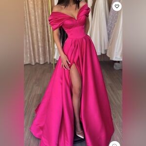 A Line Off the Shoulder Hot Pink Long Prom Dress with Split Front. Size 10 women